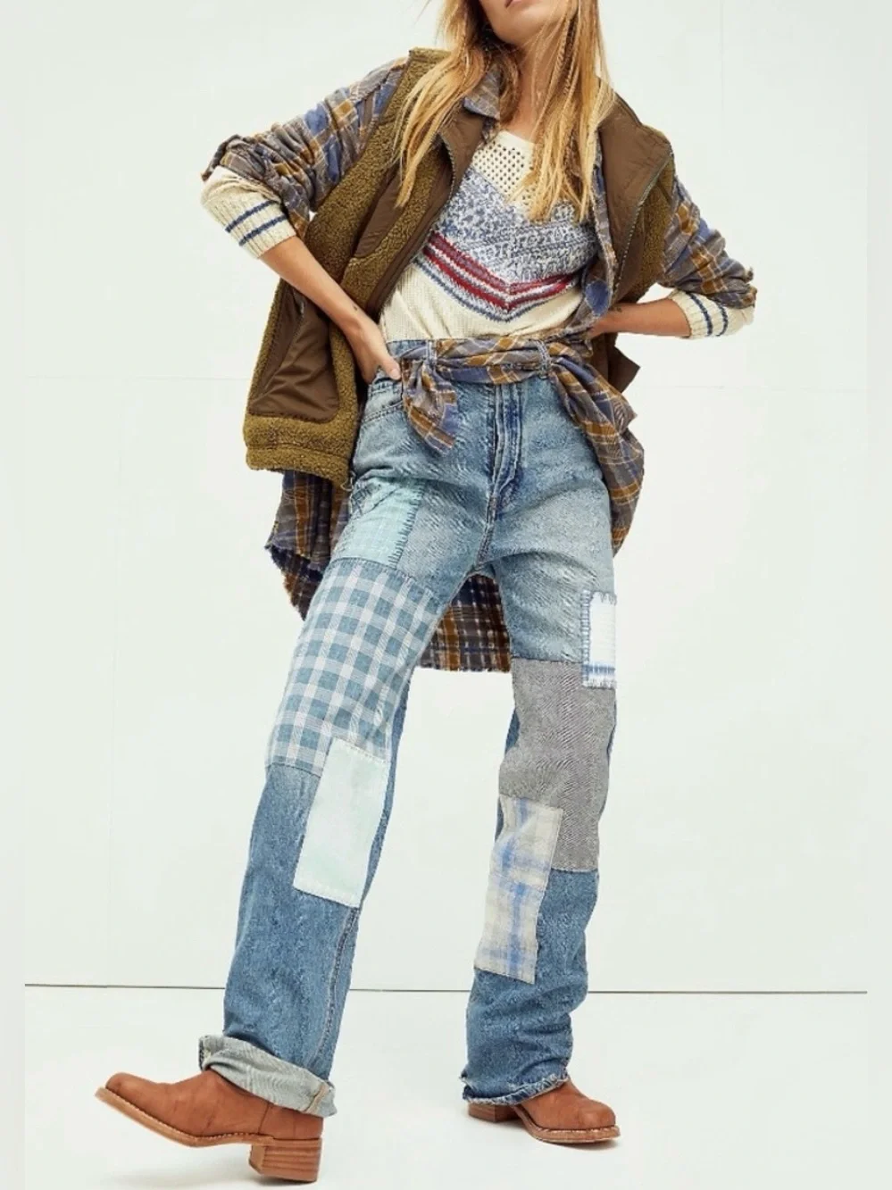 NWOT Free People Steinbeck Patched Straight Leg Jeans - Yukon Valley blue - 27